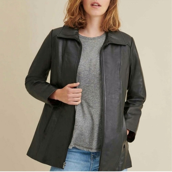 WILSON Leather Collar Black Jacket Zip Front Fitted Lined Scuba Buttery Medium - Picture 10 of 14